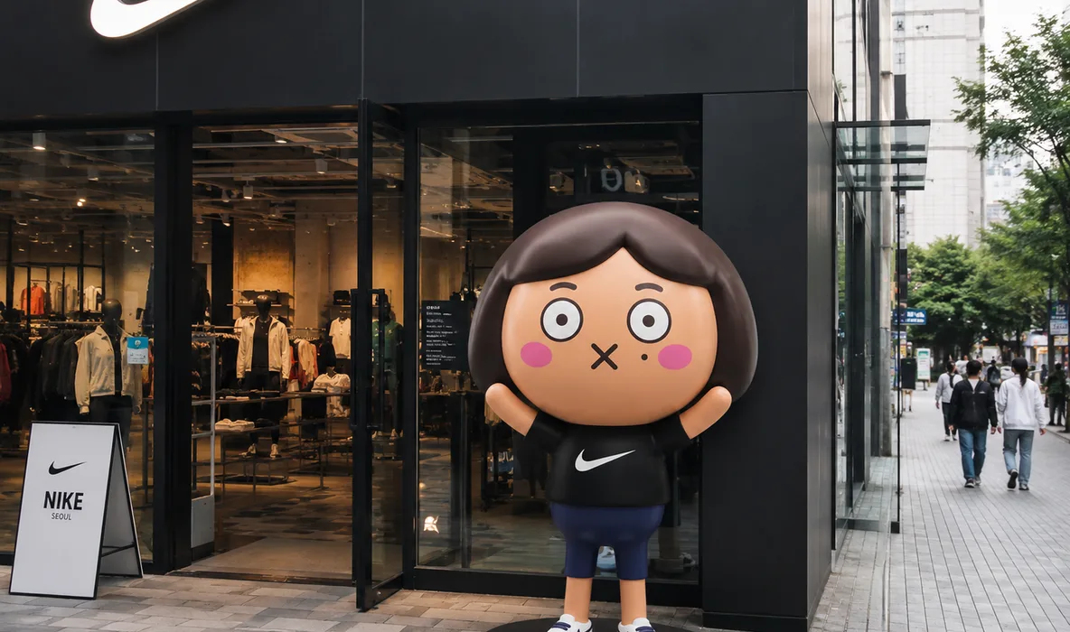 브랜드 팝업 공간 앞의 3D 캐릭터