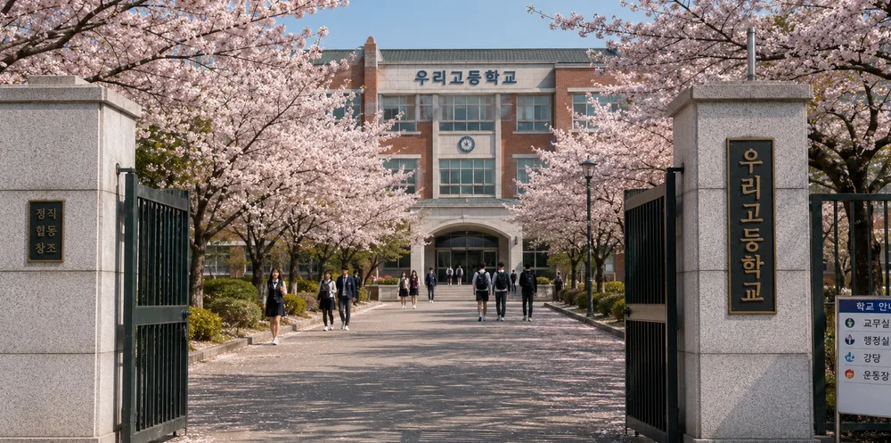 벚꽃이 핀 학교 정문 배경 컷